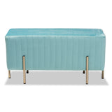 Helaine Contemporary Glam and Luxe Sky Blue Fabric Upholstered and Gold Metal Bench Ottoman