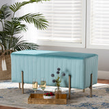 Helaine Contemporary Glam and Luxe Sky Blue Fabric Upholstered and Gold Metal Bench Ottoman