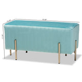 Helaine Contemporary Glam and Luxe Sky Blue Fabric Upholstered and Gold Metal Bench Ottoman