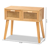 Baxton Studio Falan Mid-Century Modern Oak Brown Finished Wood 2-Drawer Console Table with Rattan