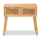 Baxton Studio Falan Mid-Century Modern Oak Brown Finished Wood 2-Drawer Console Table with Rattan