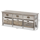 Mabyn Modern and Contemporary Light Grey Finished Wood 3-Drawer Storage Bench with Baskets