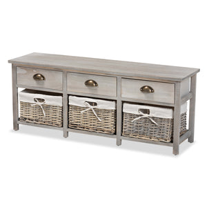 Mabyn Modern and Contemporary Light Grey Finished Wood 3-Drawer Storage Bench with Baskets