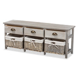 Mabyn Modern and Contemporary Light Grey Finished Wood 3-Drawer Storage Bench with Baskets