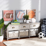 Mabyn Modern and Contemporary Light Grey Finished Wood 3-Drawer Storage Bench with Baskets