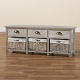 Mabyn Modern and Contemporary Light Grey Finished Wood 3-Drawer Storage Bench with Baskets