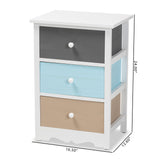 Kalila Modern and Contemporary White and Multi-Colored Finished Wood 3-Drawer Nightstand 