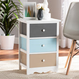 Kalila Modern and Contemporary White and Multi-Colored Finished Wood 3-Drawer Nightstand 