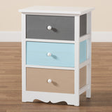 Kalila Modern and Contemporary White and Multi-Colored Finished Wood 3-Drawer Nightstand 