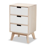 Halian Mid-Century Modern Two-Tone White and Light Brown Finished Wood 3-Drawer Nightstand