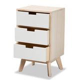 Halian Mid-Century Modern Two-Tone White and Light Brown Finished Wood 3-Drawer Nightstand