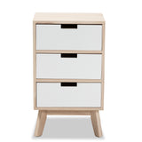 Halian Mid-Century Modern Two-Tone White and Light Brown Finished Wood 3-Drawer Nightstand