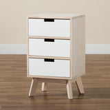 Halian Mid-Century Modern Two-Tone White and Light Brown Finished Wood 3-Drawer Nightstand