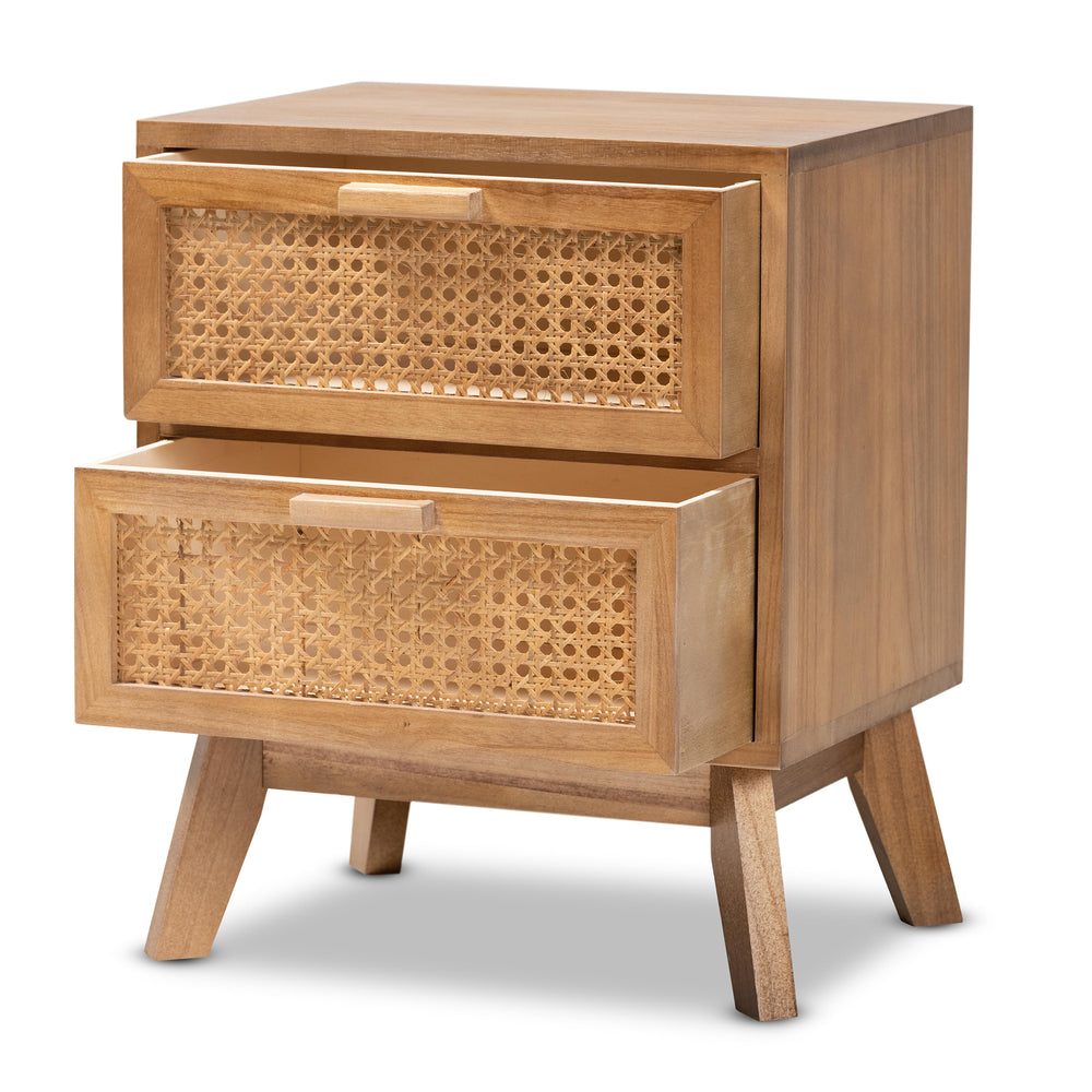 Baxton Studio Baden Mid-Century Modern Walnut Brown Finished Wood 2-Drawer Nightstand with Rattan