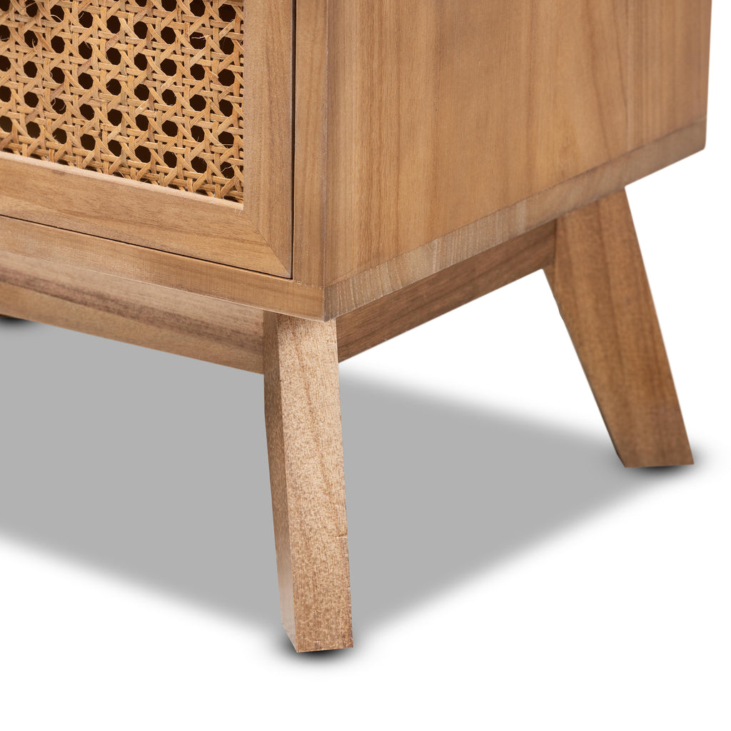 Baxton Studio Baden Mid-Century Modern Walnut Brown Finished Wood 2-Drawer Nightstand with Rattan