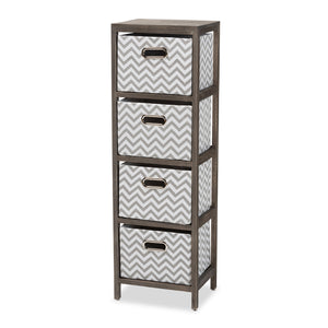 Jorah Modern and Contemporary Grey and White Fabric Upholstered Greywashed Wood 4-Basket Tallboy Storage Unit