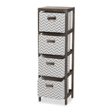 Jorah Modern and Contemporary Grey and White Fabric Upholstered Greywashed Wood 4-Basket Tallboy Storage Unit