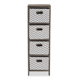 Jorah Modern and Contemporary Grey and White Fabric Upholstered Greywashed Wood 4-Basket Tallboy Storage Unit