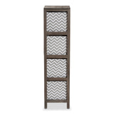 Jorah Modern and Contemporary Grey and White Fabric Upholstered Greywashed Wood 4-Basket Tallboy Storage Unit