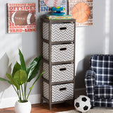 Jorah Modern and Contemporary Grey and White Fabric Upholstered Greywashed Wood 4-Basket Tallboy Storage Unit