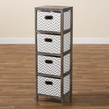 Jorah Modern and Contemporary Grey and White Fabric Upholstered Greywashed Wood 4-Basket Tallboy Storage Unit