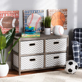 Jorah Modern and Contemporary Grey and White Fabric Upholstered Greywashed Wood 4-Basket Storage Unit