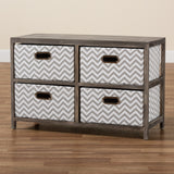 Jorah Modern and Contemporary Grey and White Fabric Upholstered Greywashed Wood 4-Basket Storage Unit