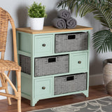 Baxton Studio Valtina Modern and Contemporary Two-Tone Oak Brown and Mint Green Finished Wood 3-Drawer Storage Unit with Baskets