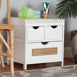 Baxton Studio Bastian Modern and Contemporary Light Beige Fabric and White Finished Wood 3-Drawer Storage Bench with Natural Rattan