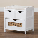 Baxton Studio Bastian Modern and Contemporary Light Beige Fabric and White Finished Wood 3-Drawer Storage Bench with Natural Rattan