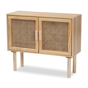 Maclean Mid-Century Modern Rattan and Natural Brown Finished Wood 2-Door Sideboard Buffet