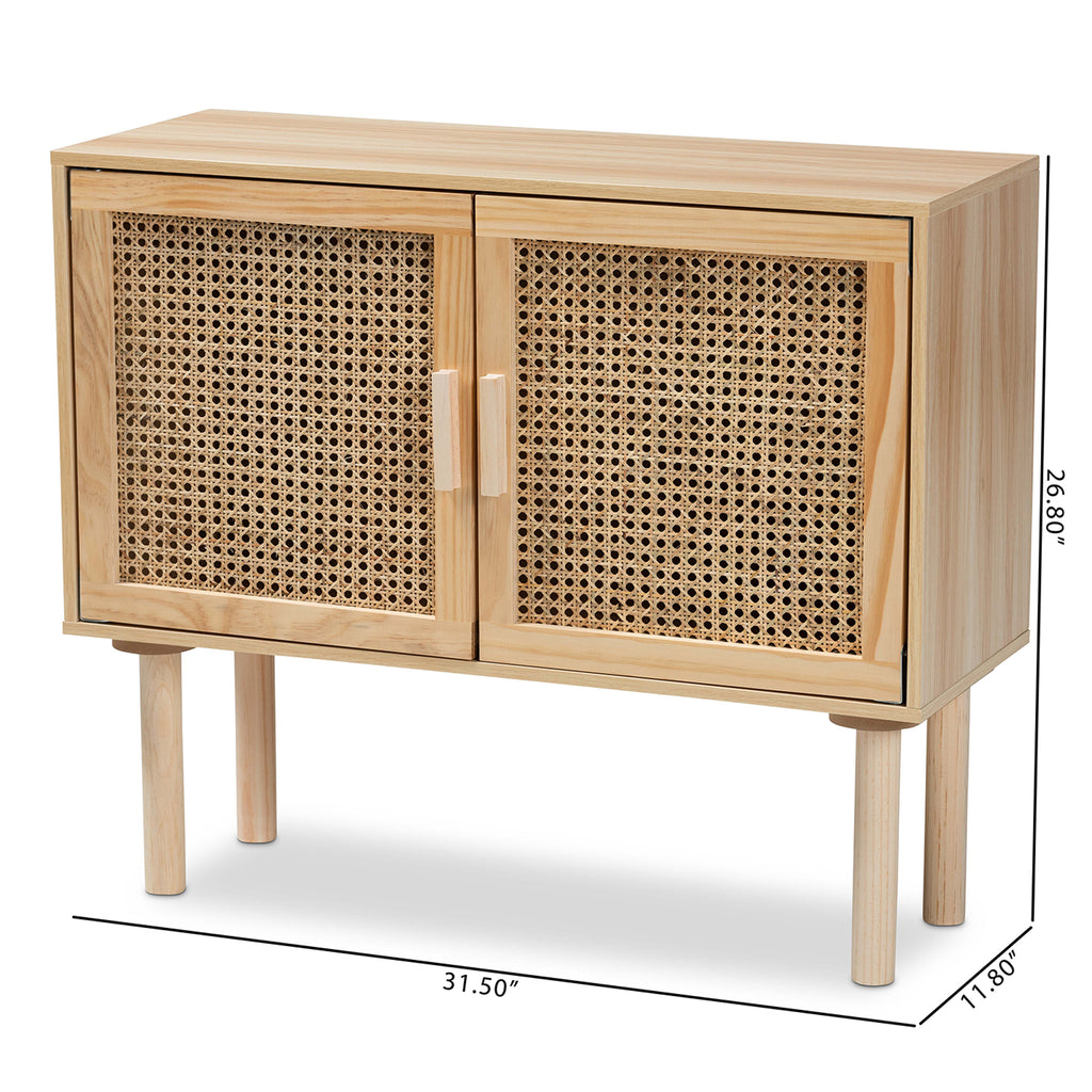 Maclean Mid-Century Modern Rattan and Natural Brown Finished Wood 2-Door Sideboard Buffet