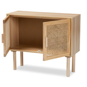 Maclean Mid-Century Modern Rattan and Natural Brown Finished Wood 2-Door Sideboard Buffet