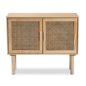 Maclean Mid-Century Modern Rattan and Natural Brown Finished Wood 2-Door Sideboard Buffet