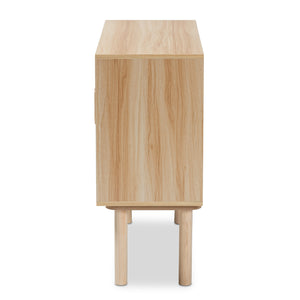 Maclean Mid-Century Modern Rattan and Natural Brown Finished Wood 2-Door Sideboard Buffet