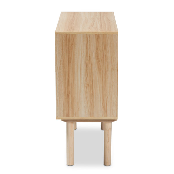 Maclean Mid-Century Modern Rattan and Natural Brown Finished Wood 2-Door Sideboard Buffet