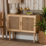 Maclean Mid-Century Modern Rattan and Natural Brown Finished Wood 2-Door Sideboard Buffet