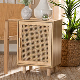 Maclean Mid-Century Modern Rattan and Natural Brown Finished Wood 1-Door Nightstand
