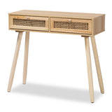 Maclean Mid-Century Modern Rattan and Natural Brown Finished Wood 2-Drawer Console Table