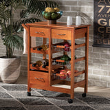 Crayton Modern and Contemporary Oak Brown Finished Wood and Silver-Tone Metal Mobile Kitchen Storage Cart