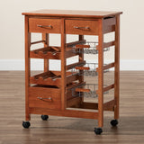 Crayton Modern and Contemporary Oak Brown Finished Wood and Silver-Tone Metal Mobile Kitchen Storage Cart