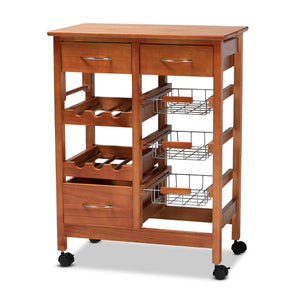 Crayton Modern and Contemporary Oak Brown Finished Wood and Silver-Tone Metal Mobile Kitchen Storage Cart