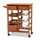 Crayton Modern and Contemporary Oak Brown Finished Wood and Silver-Tone Metal Mobile Kitchen Storage Cart