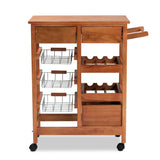 Crayton Modern and Contemporary Oak Brown Finished Wood and Silver-Tone Metal Mobile Kitchen Storage Cart