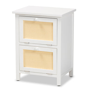 Sariah Mid-Century Modern White Finished Wood and Rattan 2-Door Nightstand