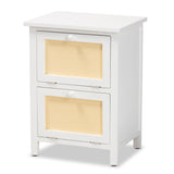 Sariah Mid-Century Modern White Finished Wood and Rattan 2-Door Nightstand