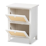 Sariah Mid-Century Modern White Finished Wood and Rattan 2-Door Nightstand