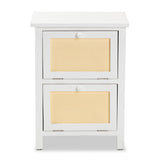 Sariah Mid-Century Modern White Finished Wood and Rattan 2-Door Nightstand