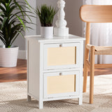 Sariah Mid-Century Modern White Finished Wood and Rattan 2-Door Nightstand