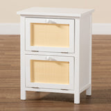 Sariah Mid-Century Modern White Finished Wood and Rattan 2-Door Nightstand